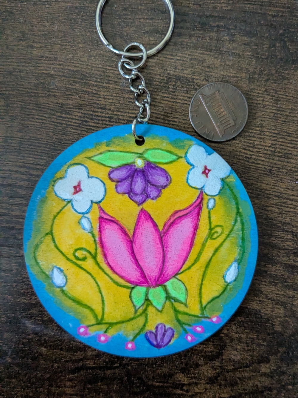 Hand-Painted Tribal Floral Keychain Or Purse Charm